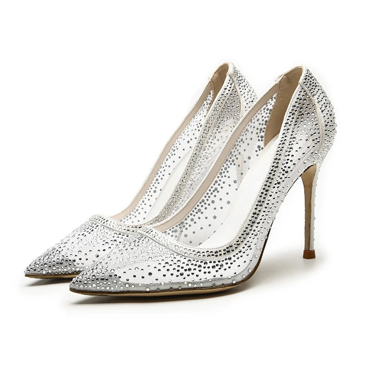 Women's Crystal Rhinestone Mesh Stiletto Pumps – Glitter Heels for Wedding & Party