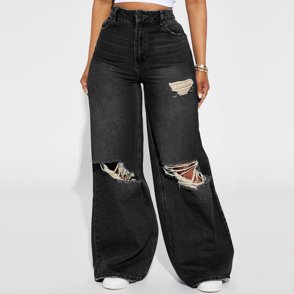 Wide-leg Jeans Washed Holes Loose Casual Floor-length Jeans Women LADYLYS