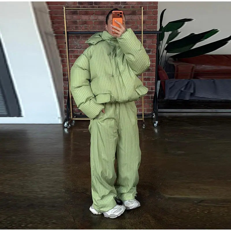 Women's Striped 2-Piece Set – Zip-Up Hooded Puffer Coat & Wide-Leg Jogger Pants | Warm Winter Suit
