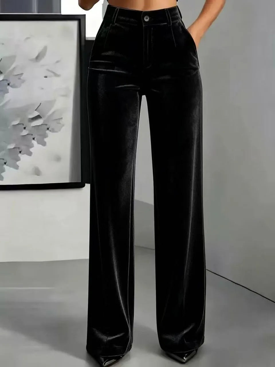 Women's Velvet High-Waist Straight-Leg Trousers