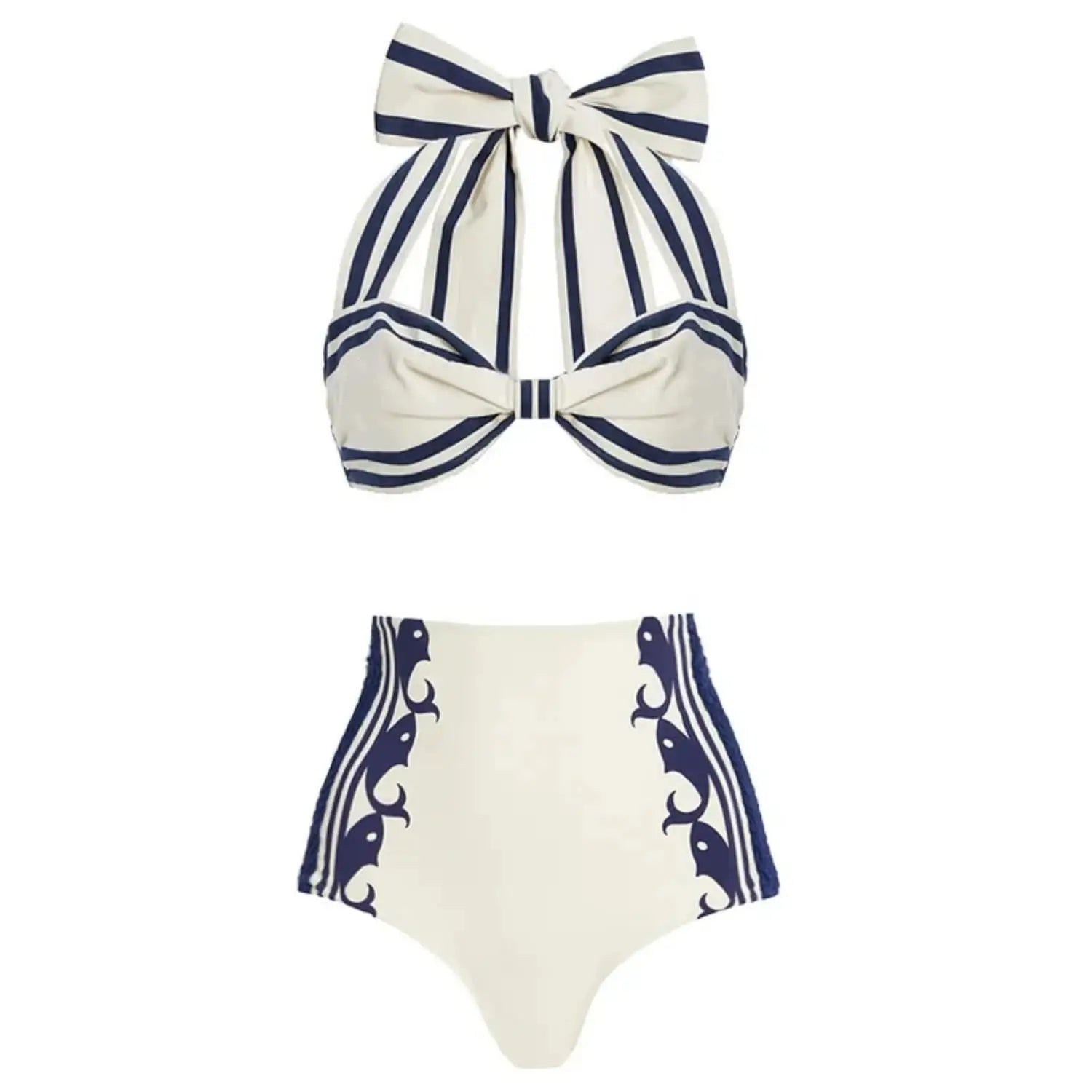 2Pcs Striped Swimsuit With Long Skirt Sexy Women Bikini Push Up Swimwear Halter LADYLYS