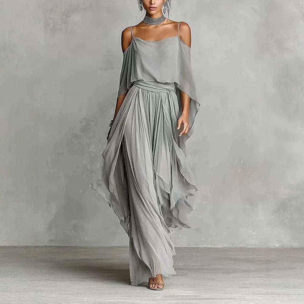 Summer Fashion Solid Chiffon Dress Elegant Off Shoulder Strap Bat Sleeve High Waist Long Dress Women Wedding Guest Outfits LADYLYS