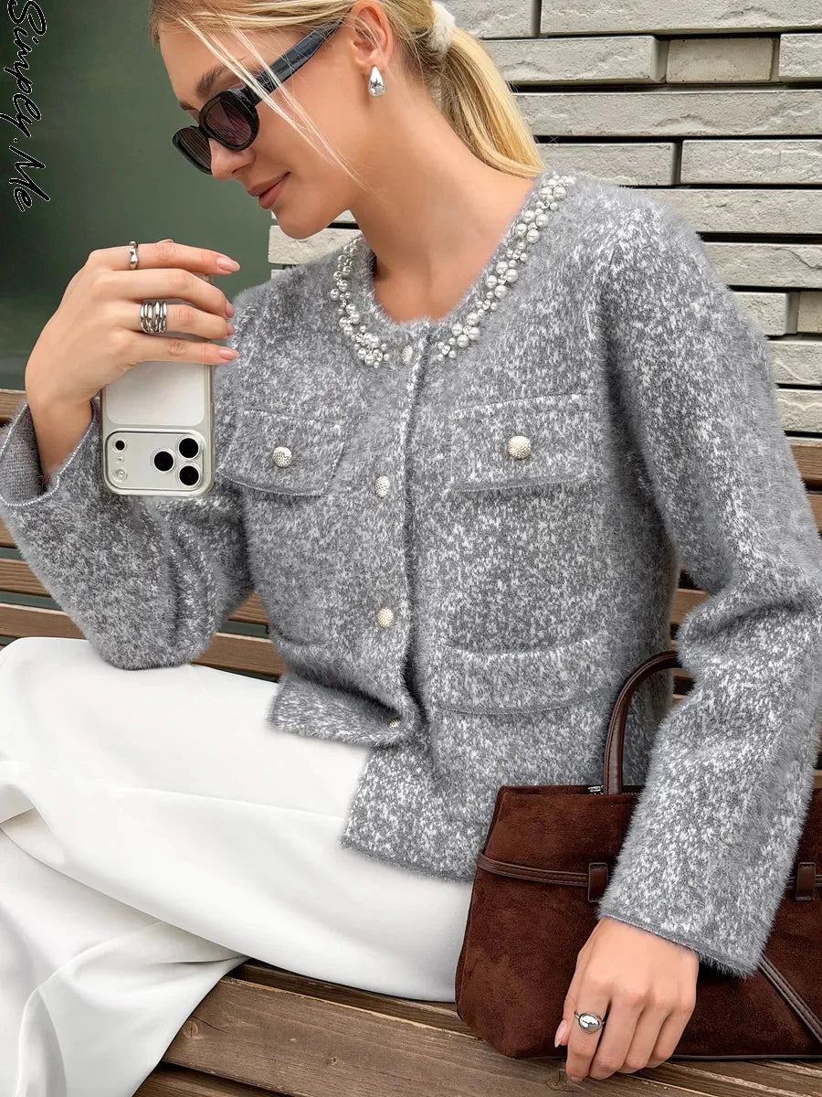 Women's Grey Knit Cardigan with Faux Fur Collar and Pearl Trim