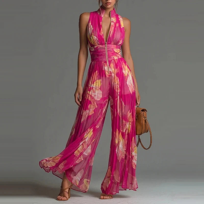 Elegant Lady Zipper Wide Leg Playsuits Stand Collar High Waist Pleat Jumpsuit LADYLYS