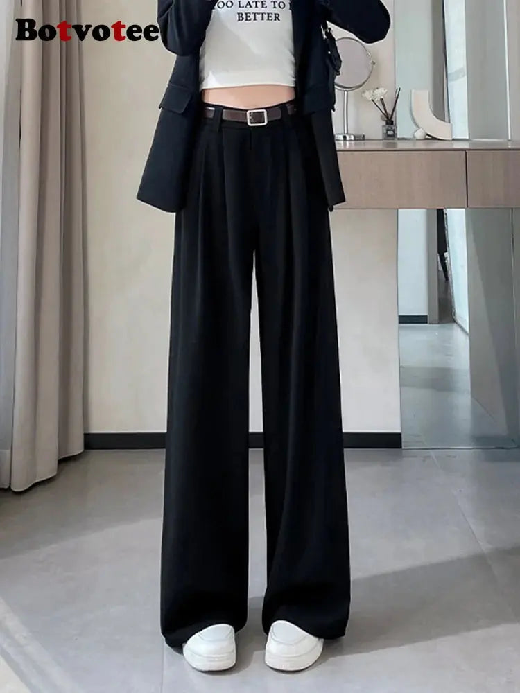 Botvotee Burgundy Suits Pants for Women Office Lady Elegant High Waist Wide Leg LADYLYS