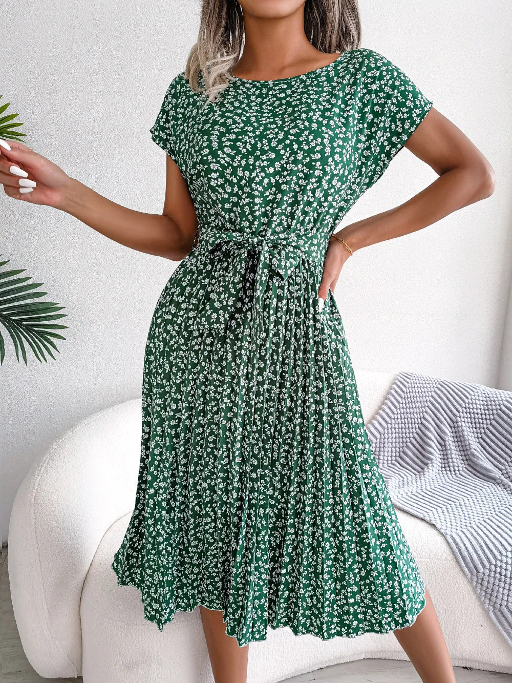 Summer Short Sleeve High Waist Chic Dress Fashion Floral Pleated A Line Long Dress LADYLYS