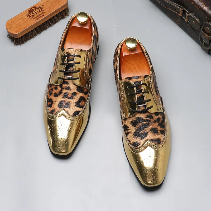 Men's Luxury Leopard Print Oxford Shoes — Gold & Silver Brogues LADYLYS