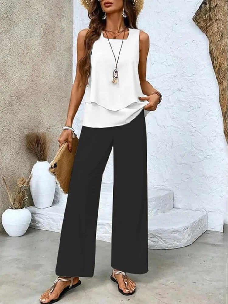 Summer Print Women Two Piece Set Fashion Top Sleevelss Elegant Suits LADYLYS