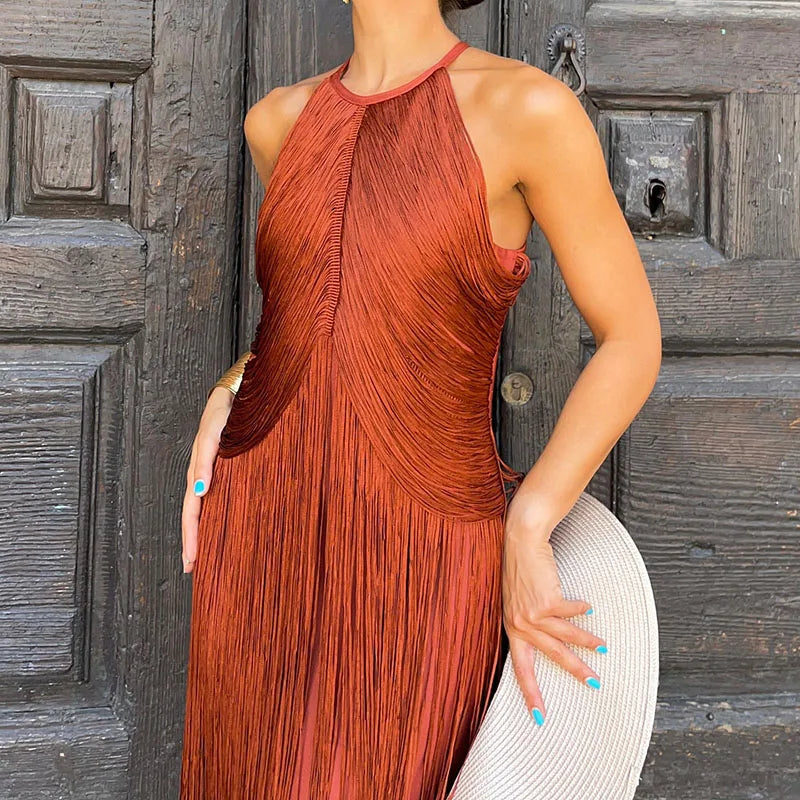 Halter Tassel Long Dress Sexy Off Shoulder Sleeveless Evening Dress Elegant LADYLYS