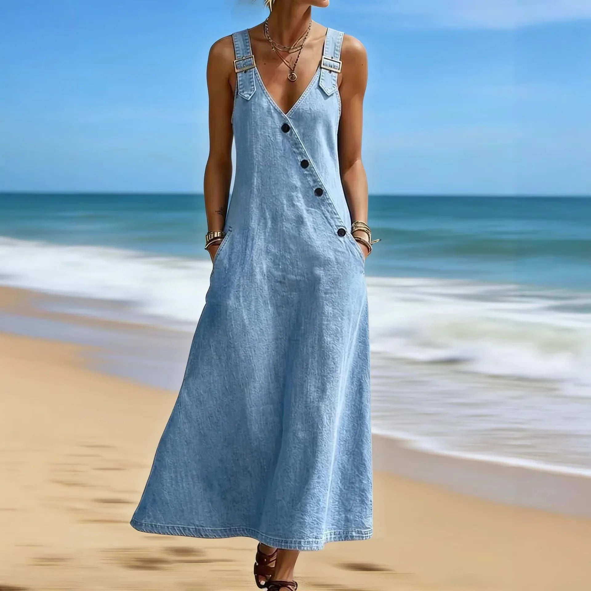 Women Denim Suspender Dress Sleeveless Overall Dresses Distressed Backless V Neck Button Washed Vestidos Summer Sundress A Line LADYLYS