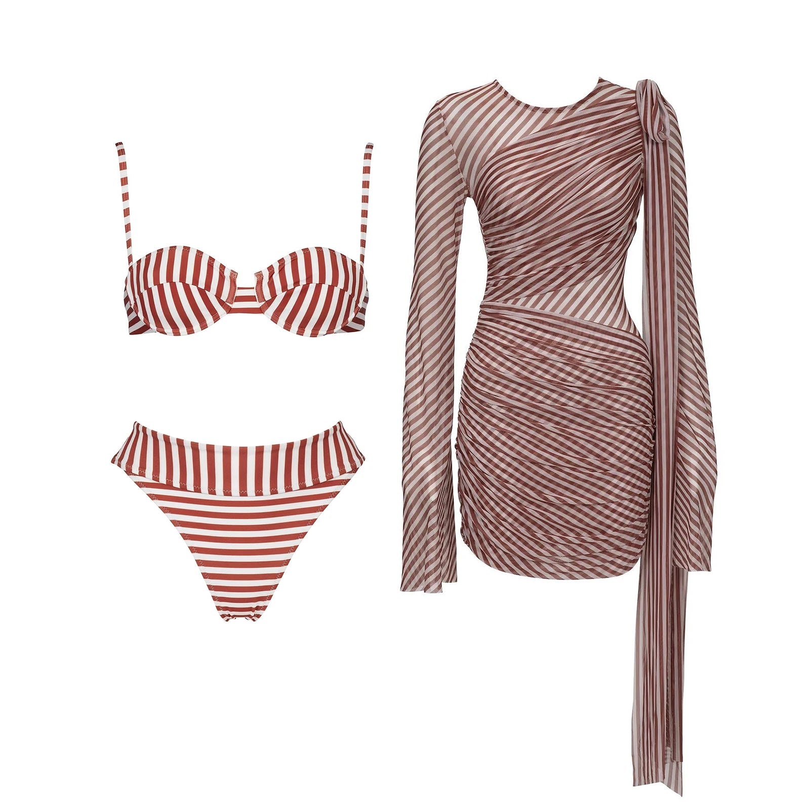 2Pcs Striped Swimsuit With Long Skirt Sexy Women Bikini Push Up Swimwear Halter LADYLYS