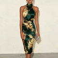 Elegant Halter Neck Satin Bodycon Dress Womens Floral Print Ruched LADYLYS