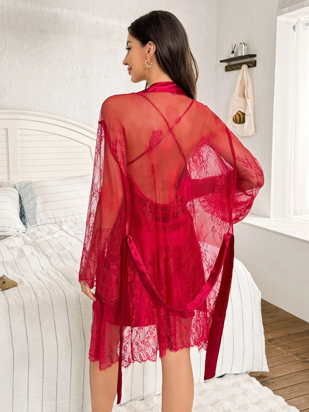 Polyester Nightgown Lace See Through Robe For Women 2pcs Set LADYLYS