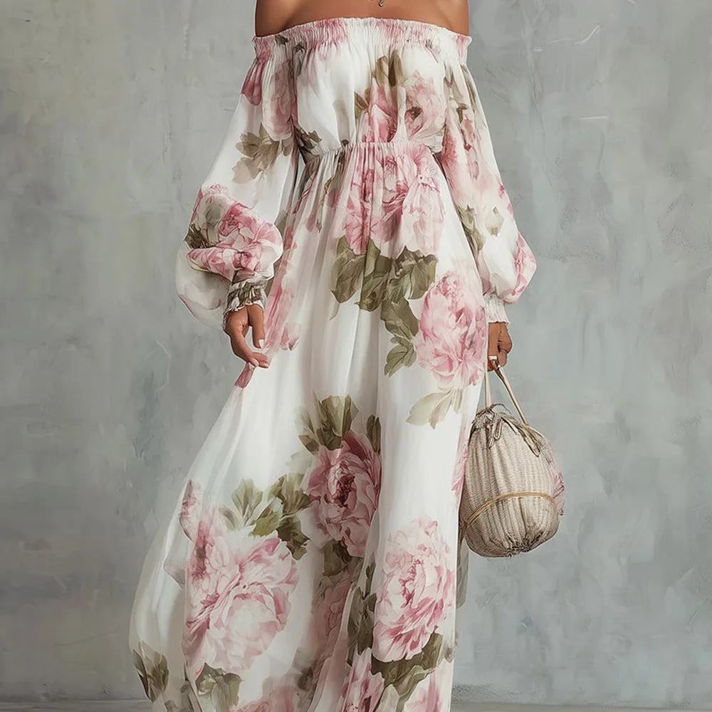 Women's Printed Slash-Neck Midi Dress