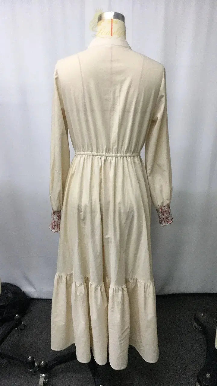 Vintage V-Neck Country Style Printed Long-Sleeve Dress LADYLYS