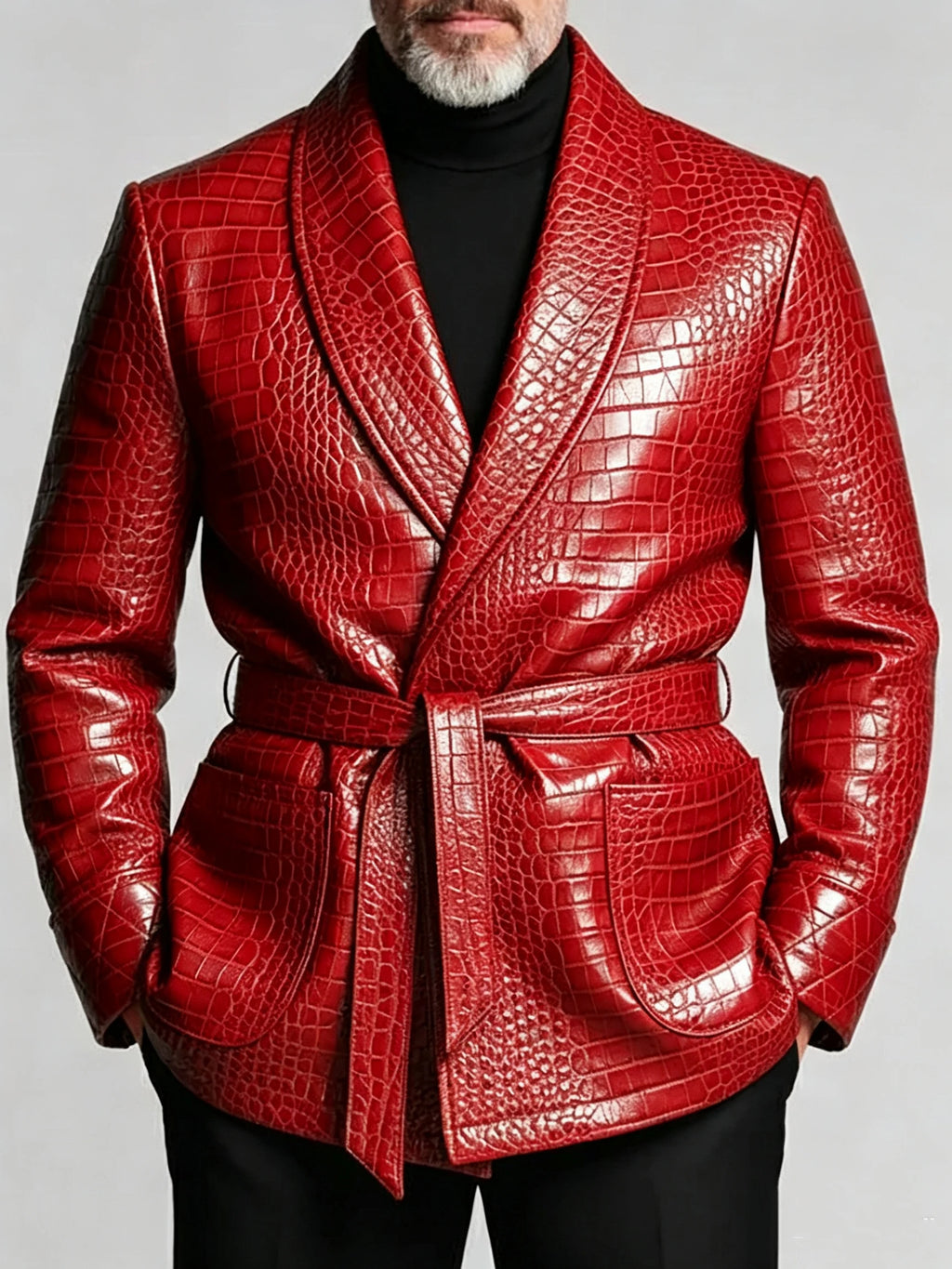 Men's Crocodile-Embossed PU Leather Blazer – Shawl Lapel, Belted, Slim Fit