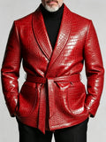 Men's Crocodile-Embossed PU Leather Blazer – Shawl Lapel, Belted, Slim Fit