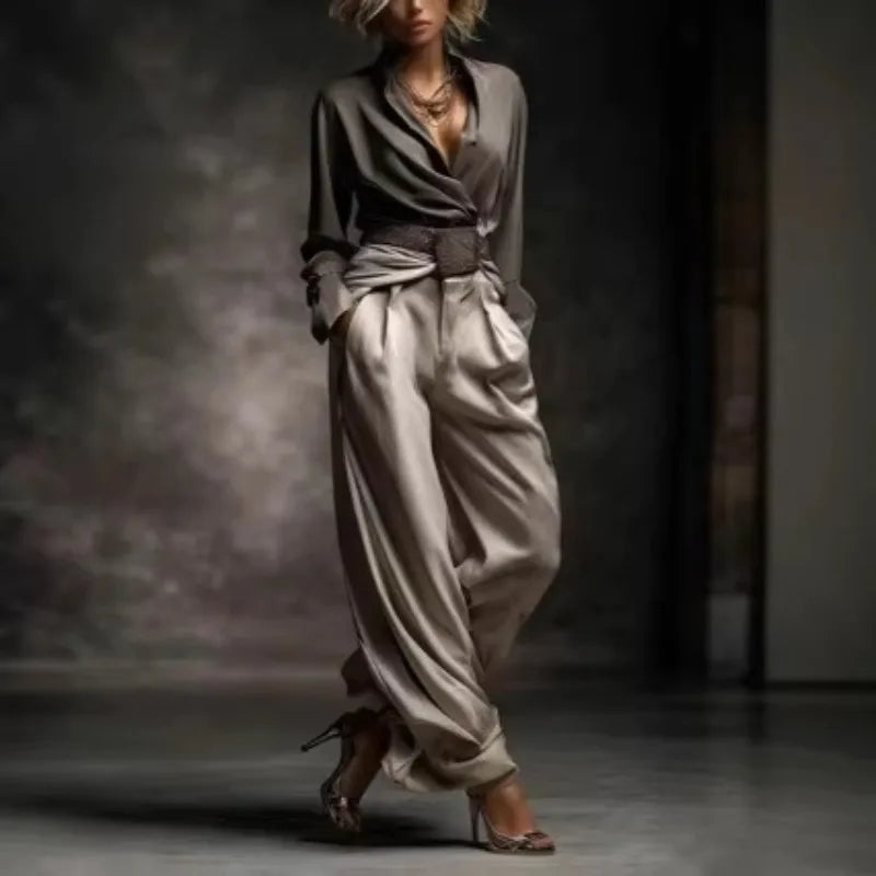Vintage Satin Wide Leg Pants Suit Long Sleeve Cross V Neck Shirt High Waist LADYLYS