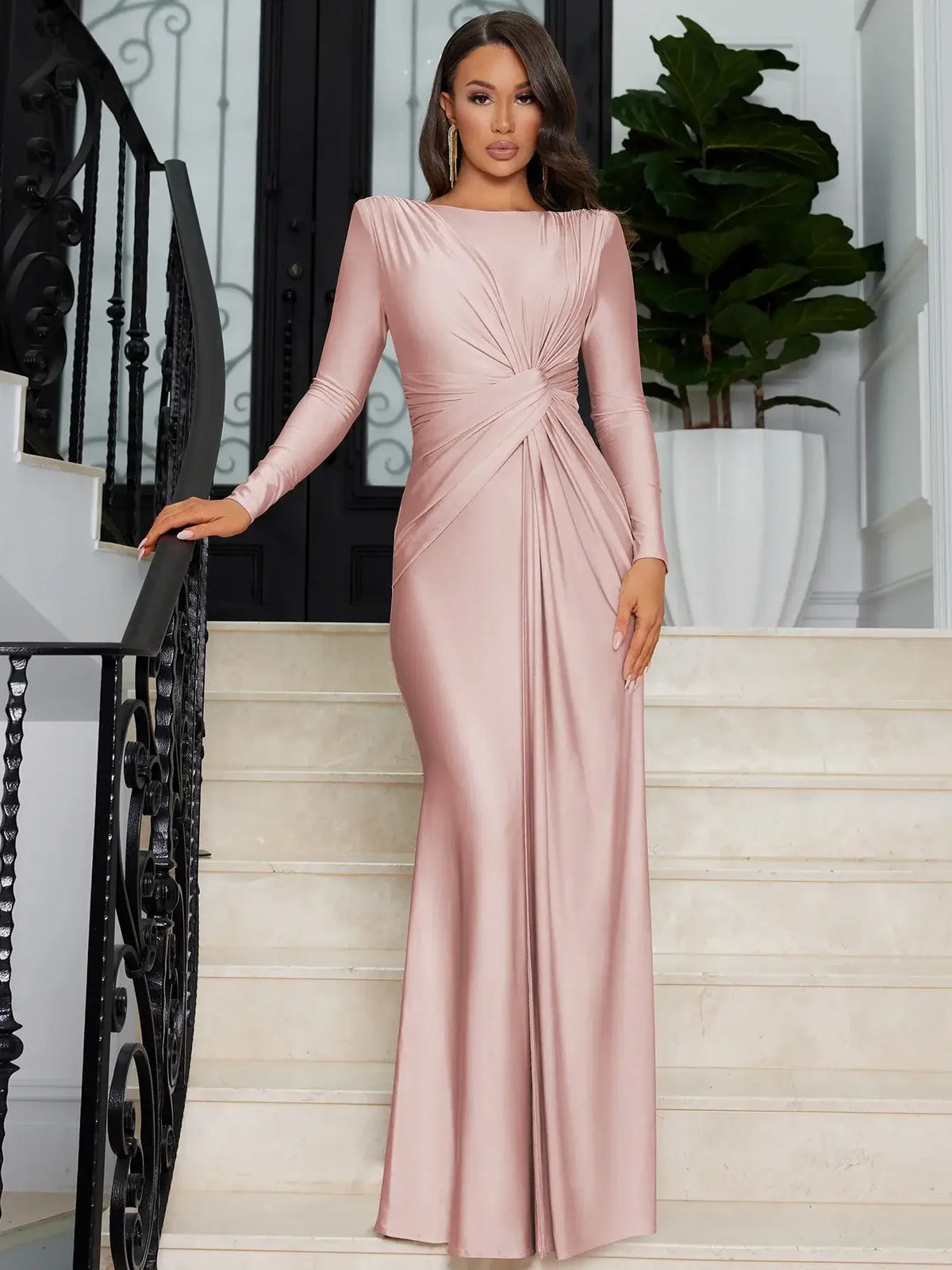 Ruched Bodycon Maxi Dress with Long Sleeves and Fishtail Hem