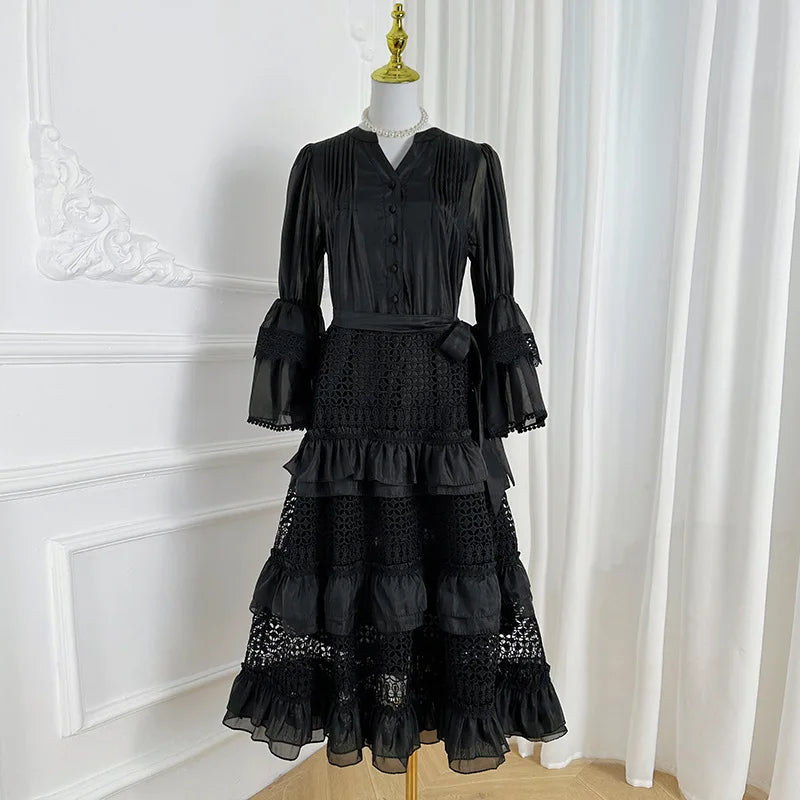Lace Hollow-Out A-Line Dress – V-Neck, Flare Sleeves & Bandage Detail