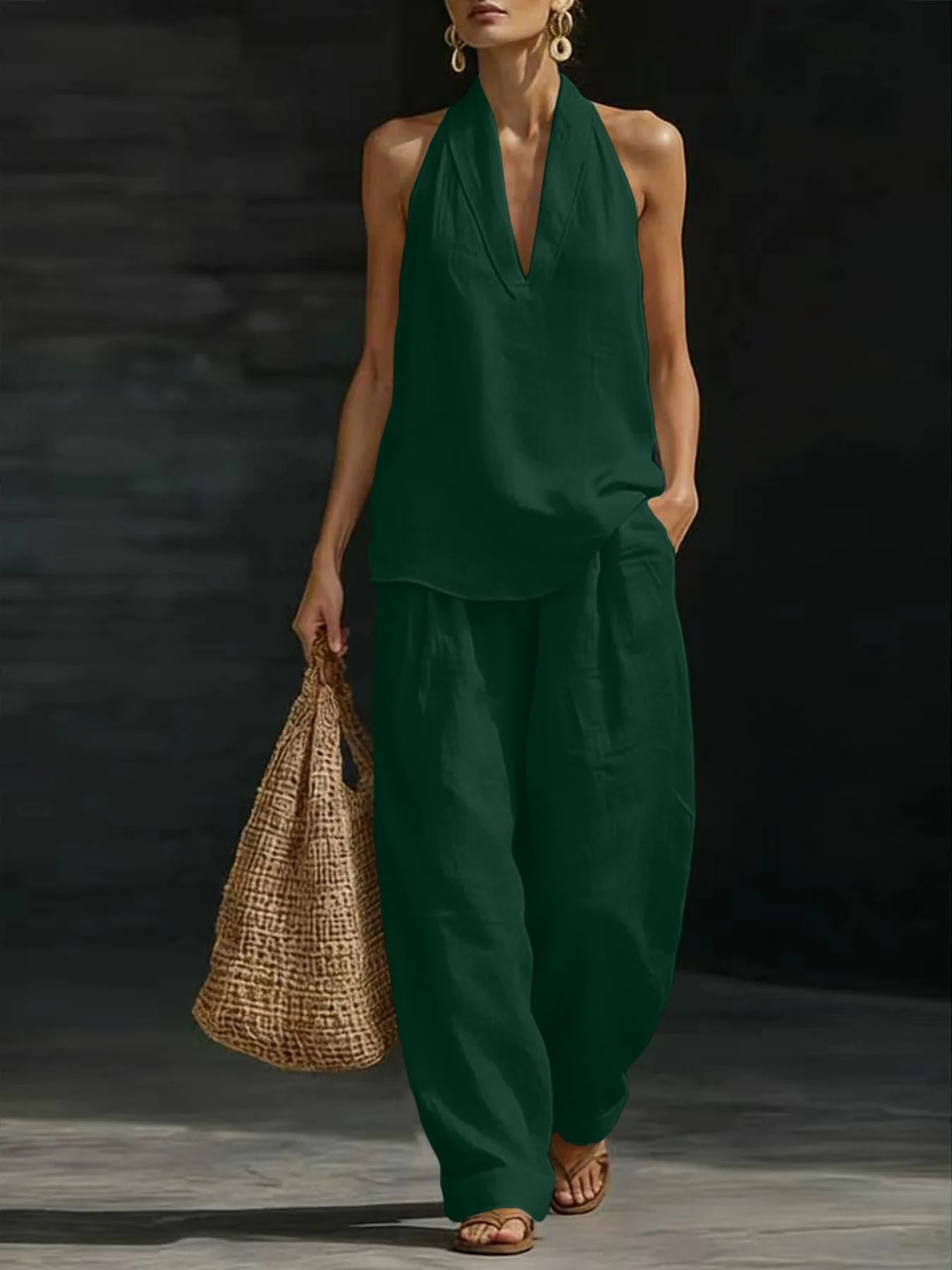 Women Linen 2 Piece Outfit Halter V Neck Sleeveless Tank Top Wide Leg Pants LADYLYS