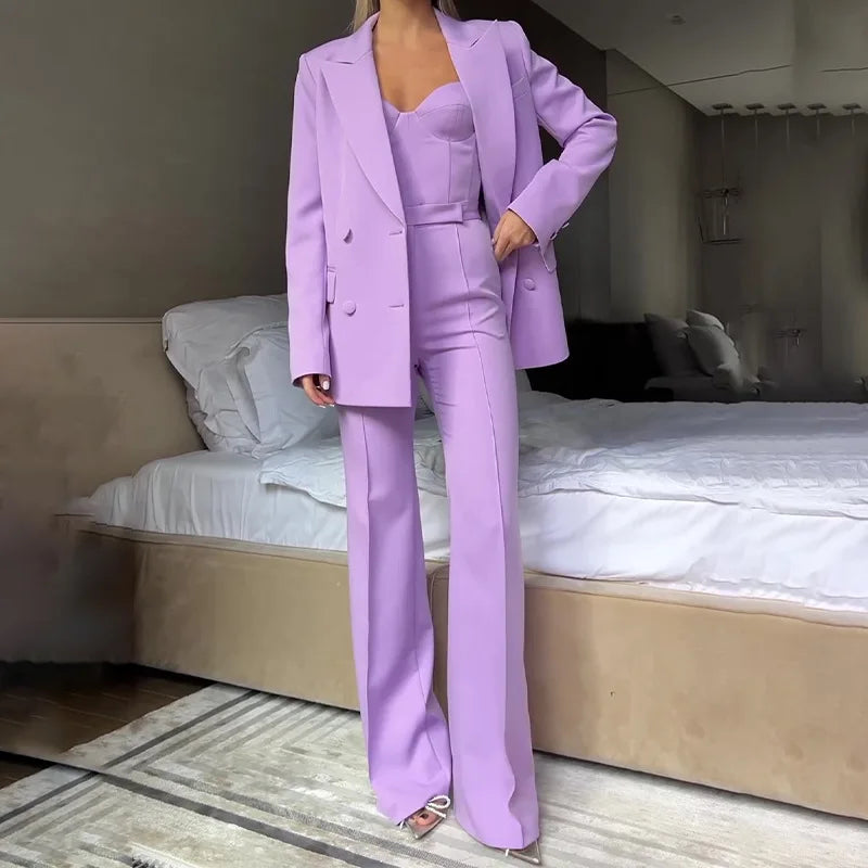 New Light Blue Emerald Violet Color Options Strapless Top Flare Pants Blazer Suit Temperament Commute Three Piece Women Outfit LADYLYS