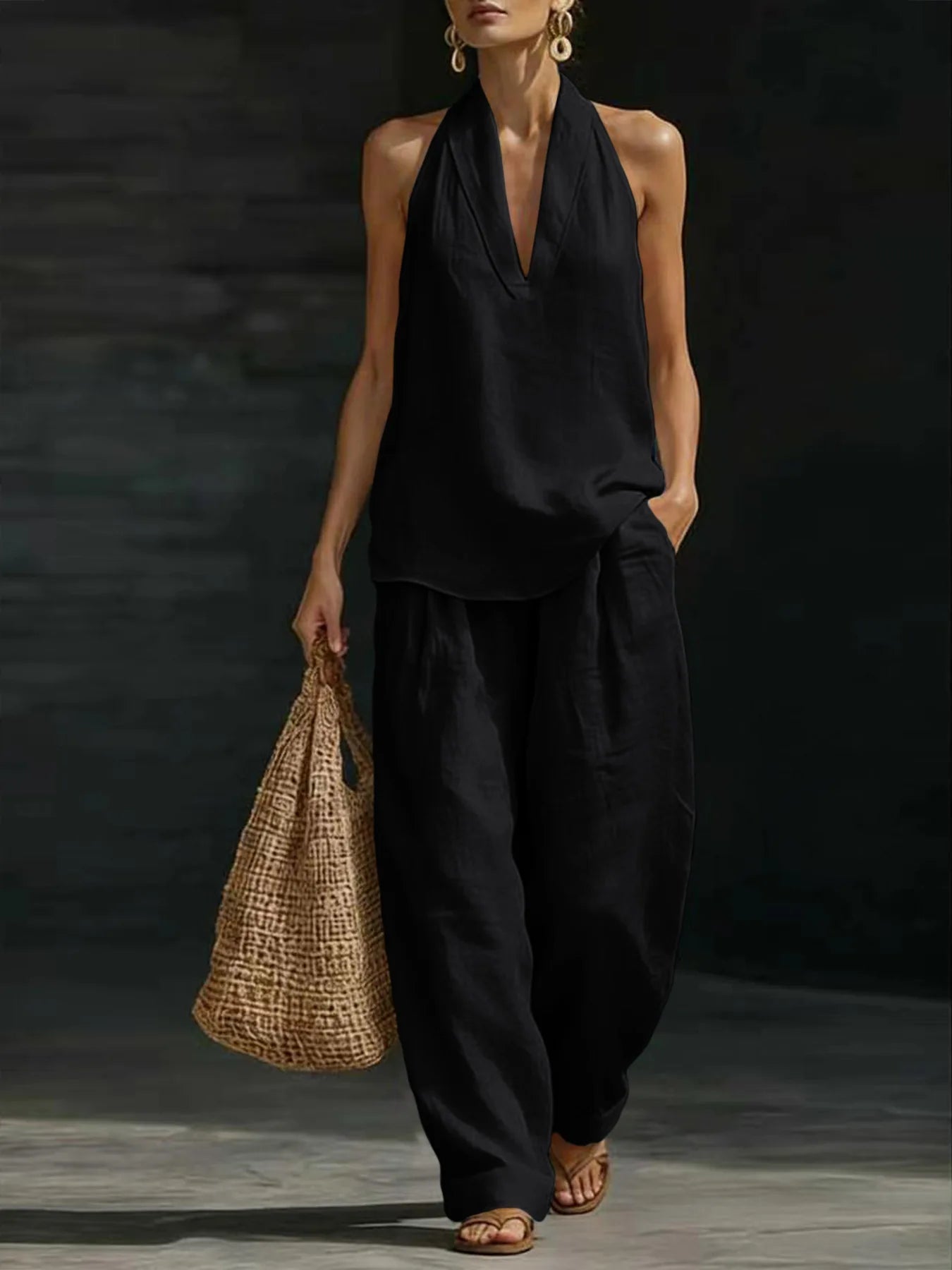 Women Linen 2 Piece Outfit Halter V Neck Sleeveless Tank Top Wide Leg Pants LADYLYS