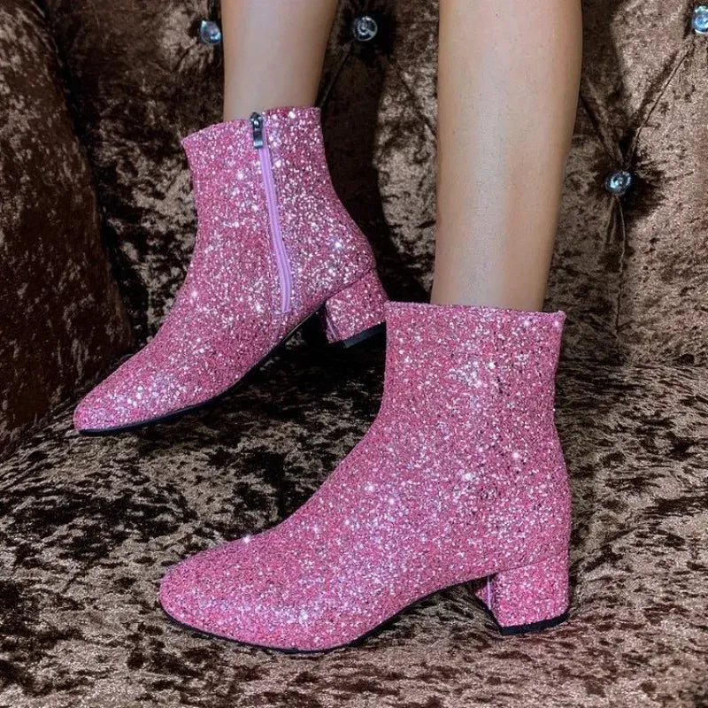 Women's Sparkly Mid-Calf Boots with Block Heels