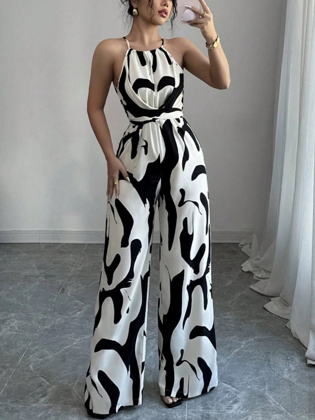 Retro versatile lace up waist slimming and high-end printed hanging neck jumpsuit LADYLYS