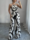 Retro versatile lace up waist slimming and high-end printed hanging neck jumpsuit LADYLYS