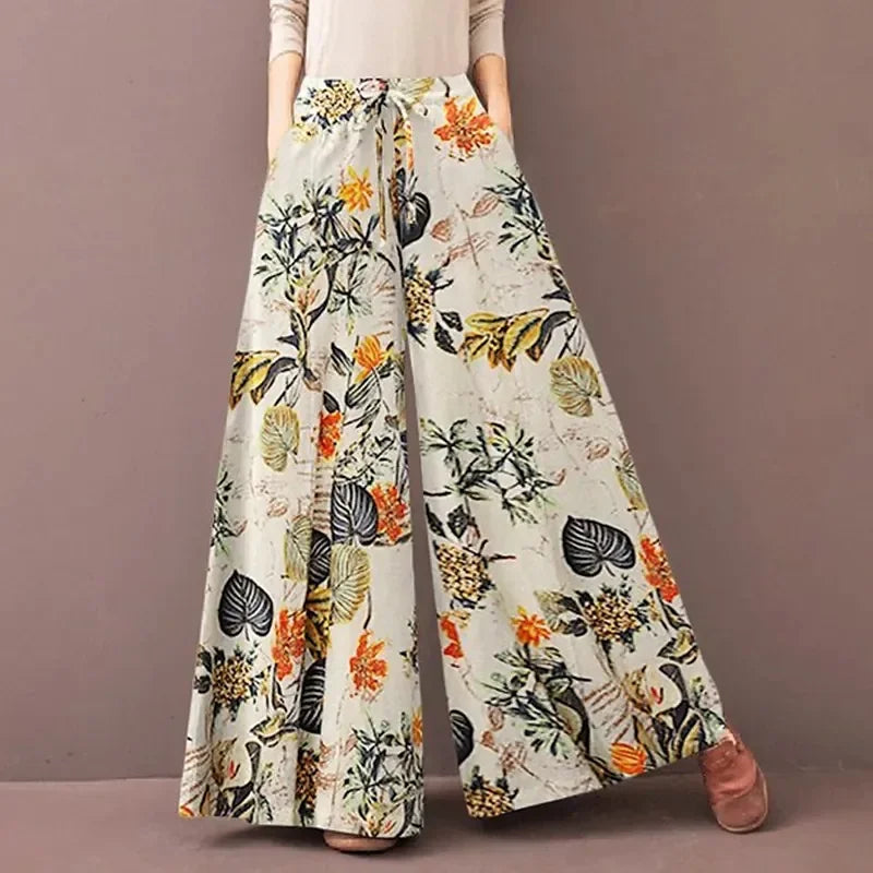 Women's Floral Print Wide Leg Pants — Drawstring Elastic Waist Bohemian Trousers | Plus Size
