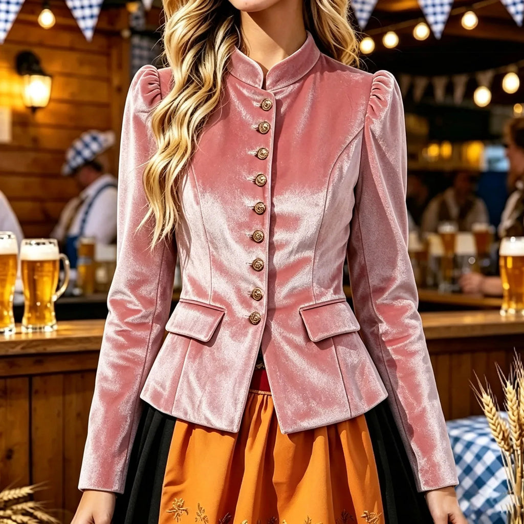 Women's Pink Velvet High-Neck Blazer