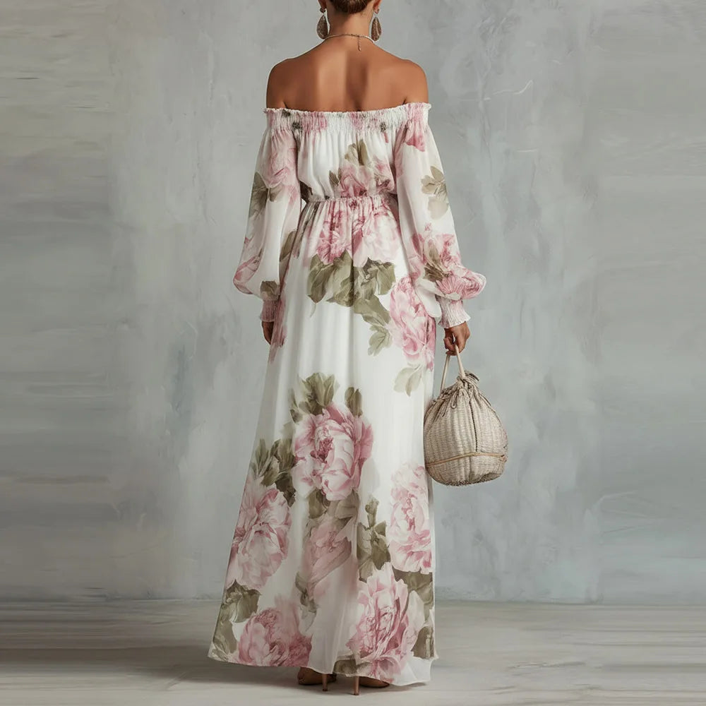 Women's Printed Slash-Neck Midi Dress