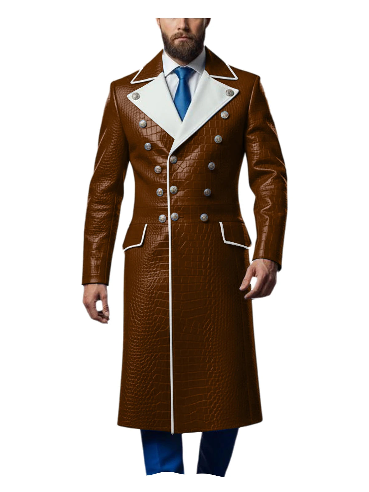 Men's Croc-Embossed Faux Leather Double-Breasted Overcoat with Contrast White Lapels