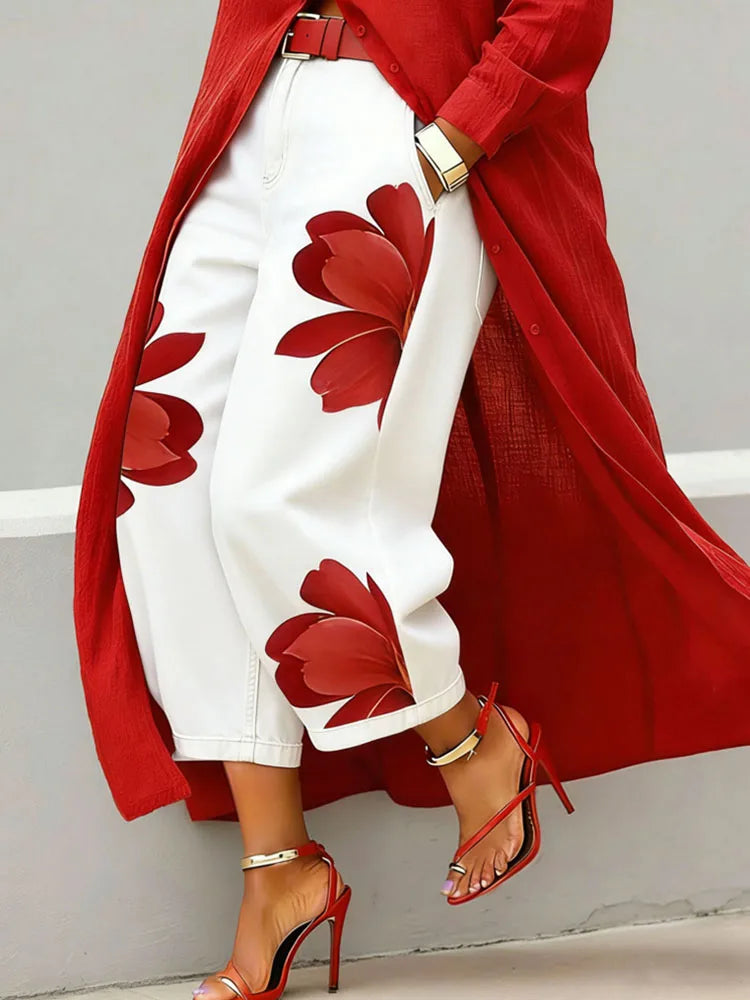 Women's Chic Printed Patchwork Straight Trousers | Loose Office Casual Pants