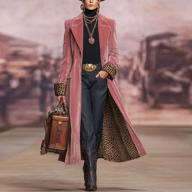 Women's Vintage Velvet Long Coat with Leopard Print Lining