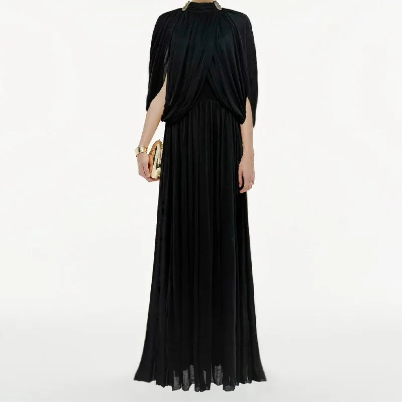 Chic Chiffon Pleated Maxi Dress Women Elegant Flutter Sleeve Turtleneck LADYLYS