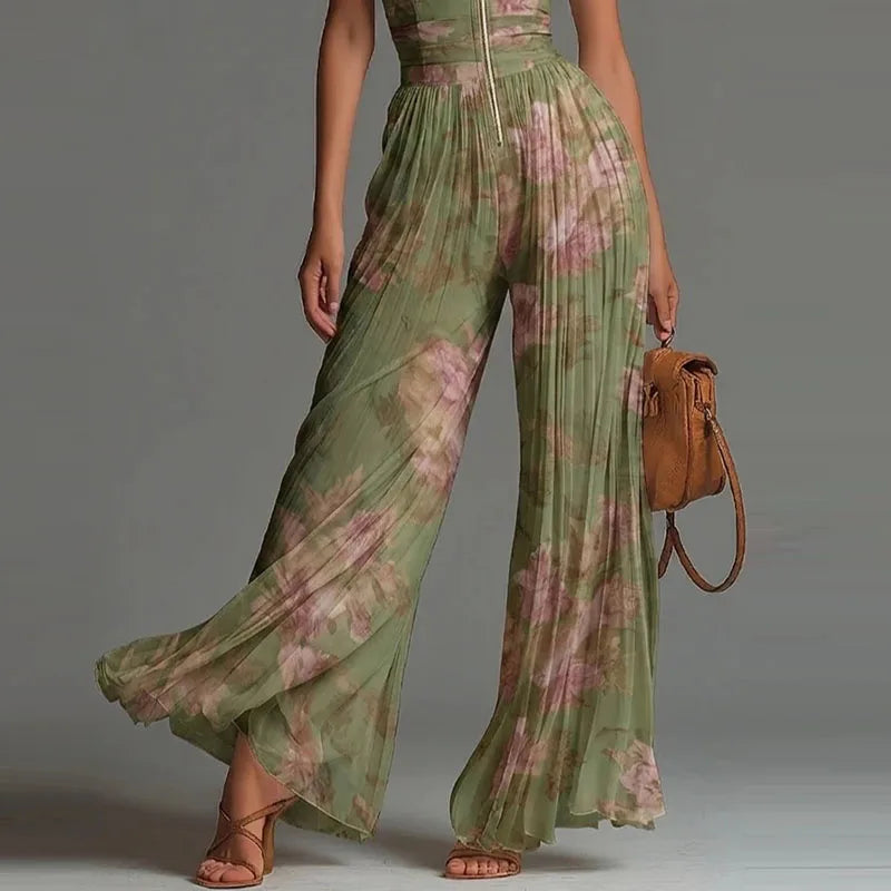 Elegant Chiffon Sleeveless Jumpsuit High Waist Pleated Flowy Wide Leg LADYLYS