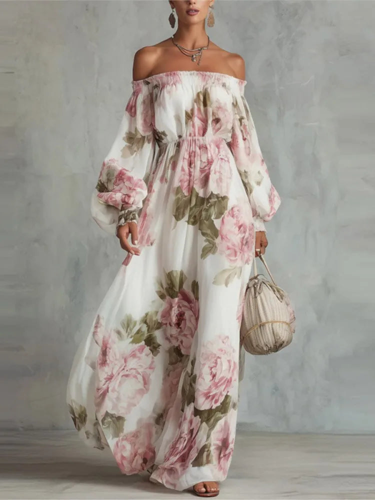 Women's Printed Slash-Neck Midi Dress