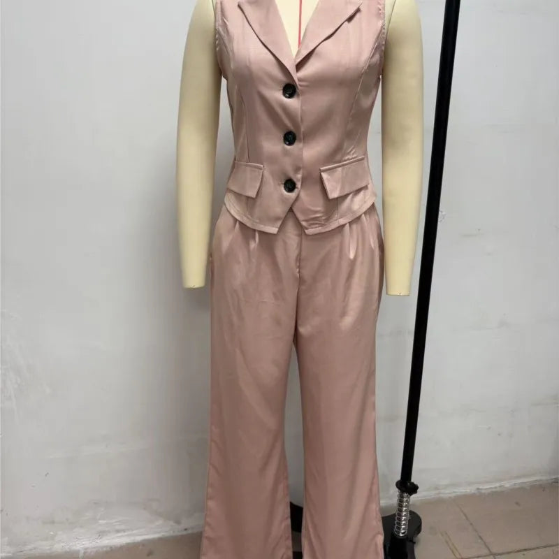 Sleeveless Vest & Wide-Leg Trousers 2-Piece Set – Women’s Office Suit