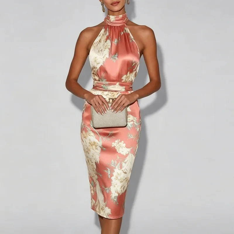 Elegant Halter Neck Satin Bodycon Dress Womens Floral Print Ruched LADYLYS
