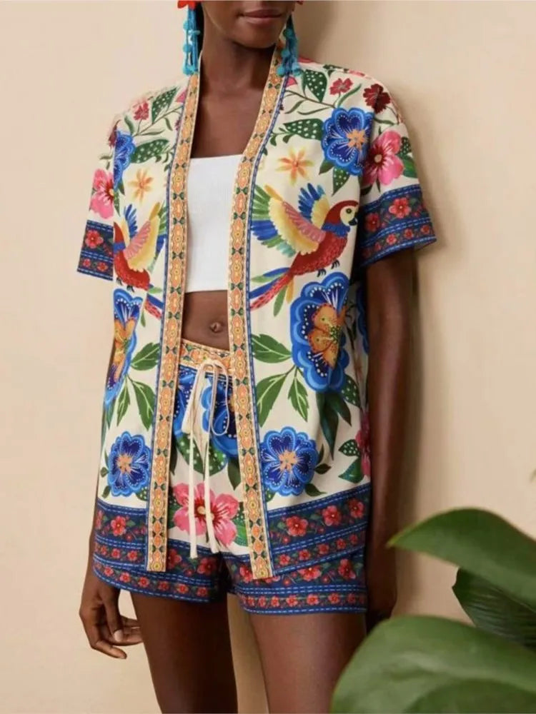 Casual Printed Cardigan Short-sleeved Top Shorts Two-piece Set LADYLYS