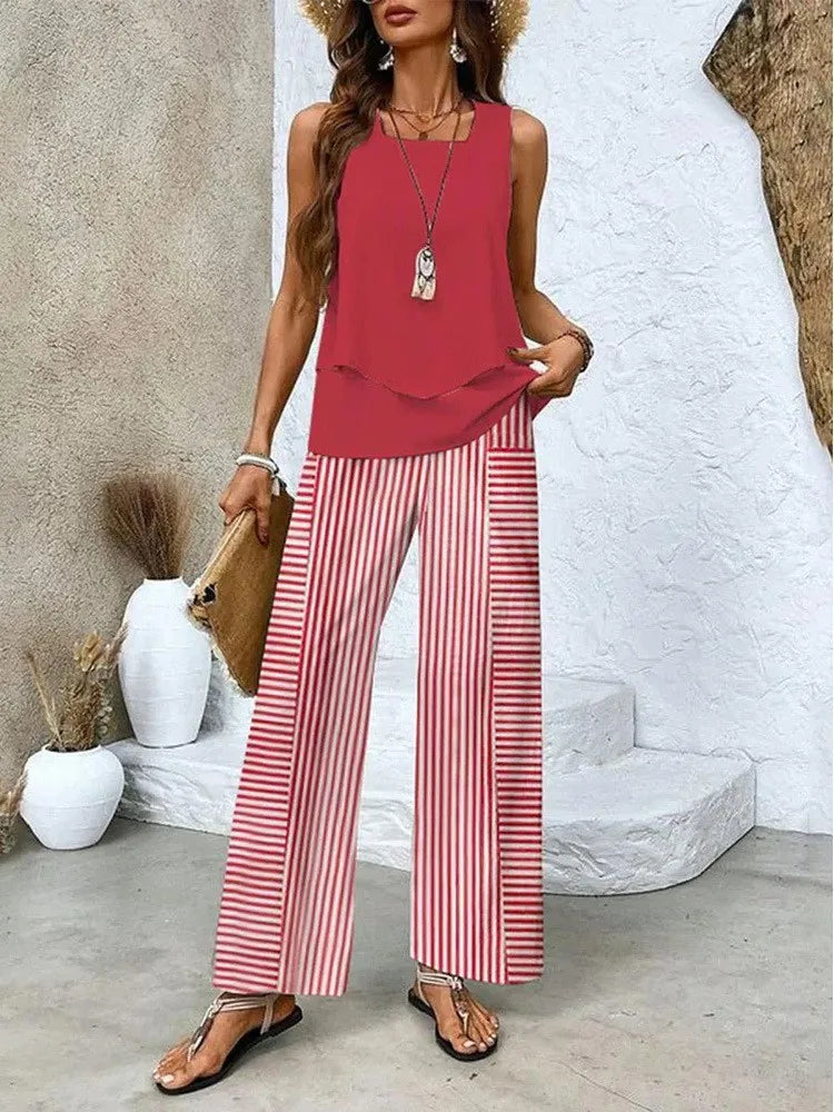 Summer Print Women Two Piece Set Fashion Top Sleevelss Elegant Suits LADYLYS