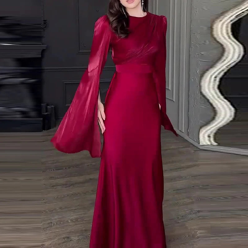 Women's Satin Long Dress – High-Waisted Slim Fit, Long Sleeve, Ankle-Length