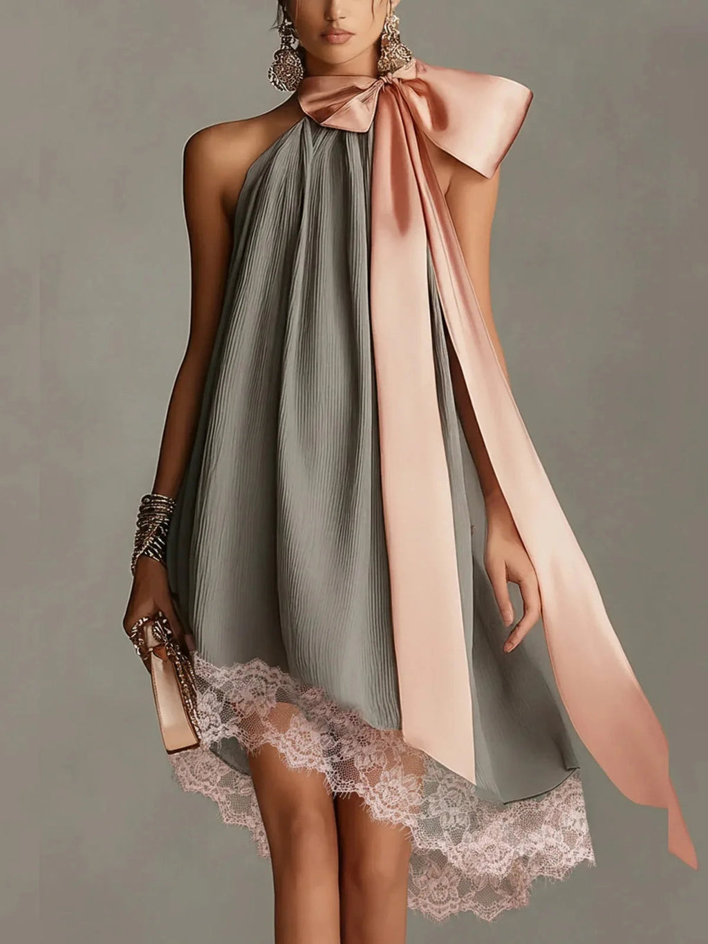 High Neck Irregular Chiffon Dress Dresses Tie Bow Flowy Long Dress Spring Summer LADYLYS