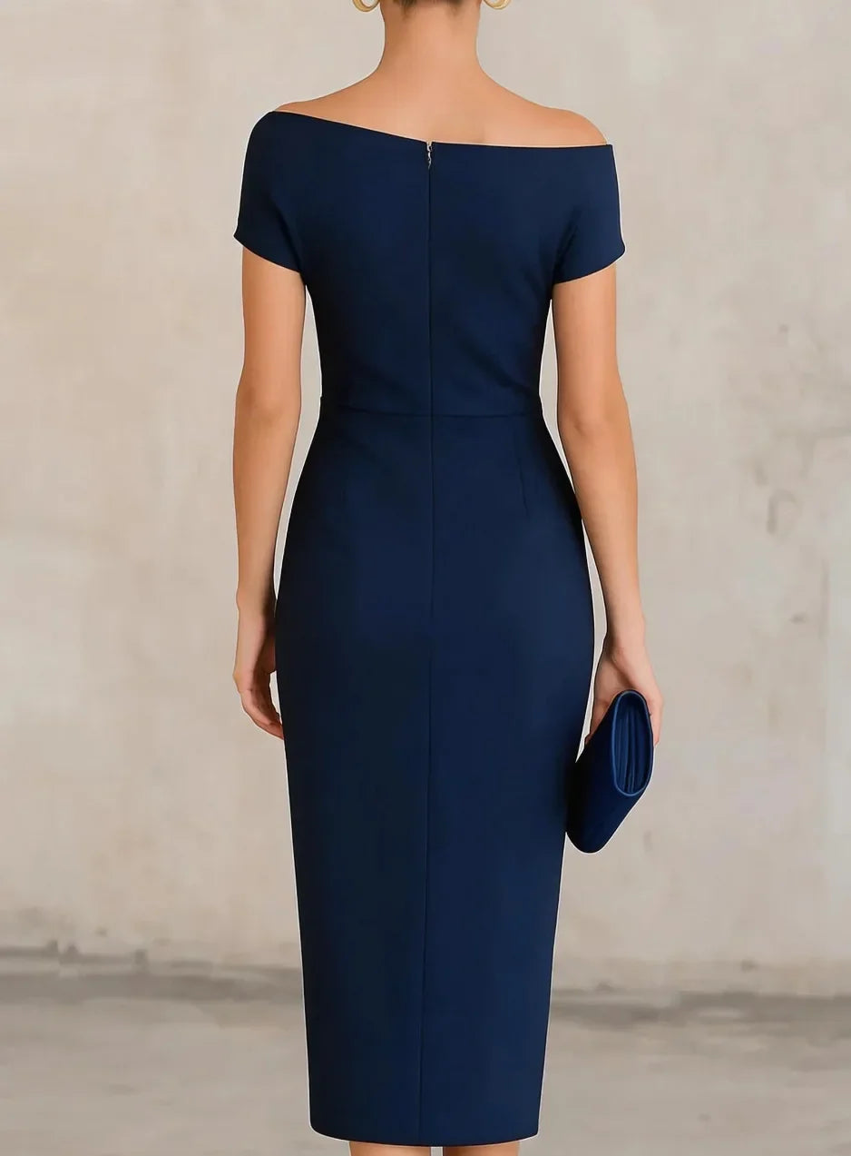 Asymmetrical Off-Shoulder Draped Midi Dress – Ruched Waist Split Pencil Dress