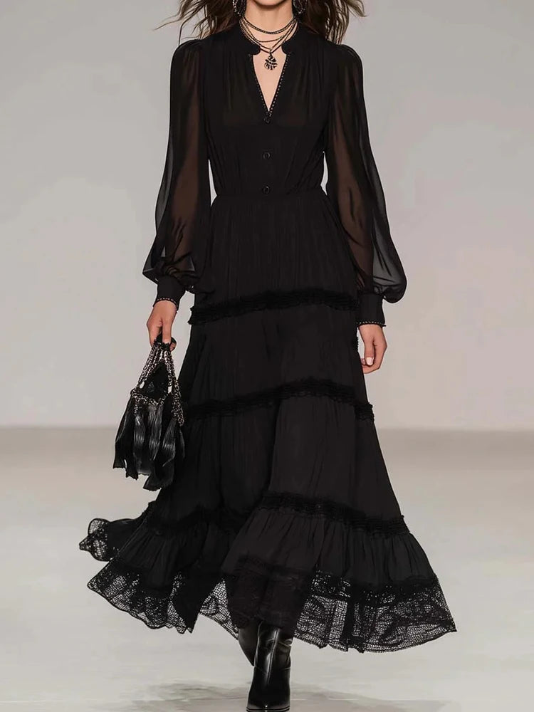 Black V-Neck Maxi Dress – Long Sleeve Mesh Patchwork A-Line | Party & Streetwear