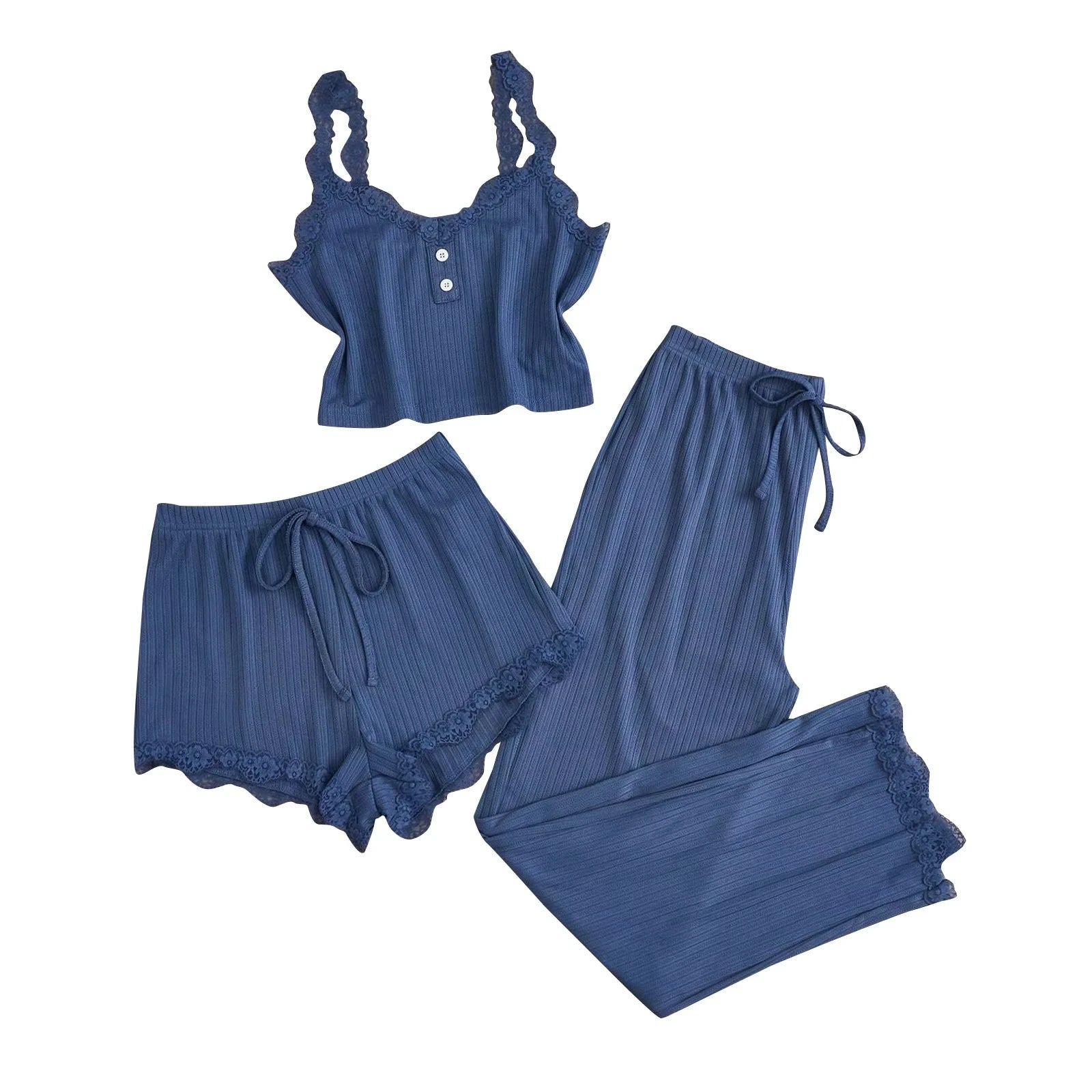 3PCS Pajama Sets Solid Vest Shorts and Pants Paired with Lace Splicing LADYLYS