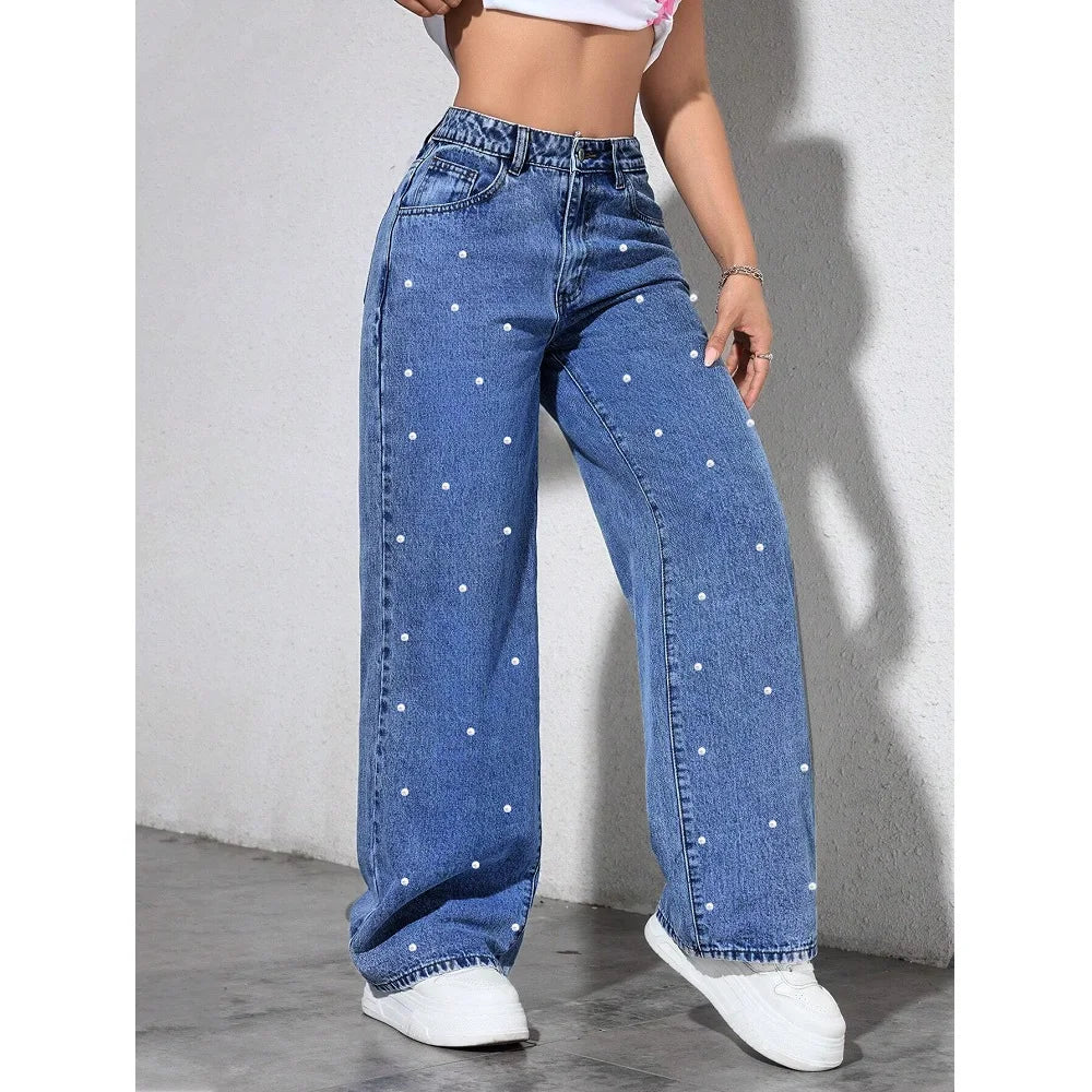 Women's High-Waist Straight-Leg Jeans with Beaded Details