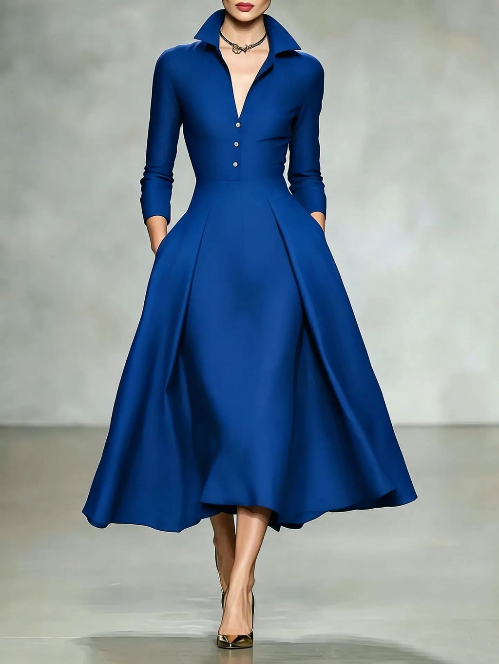Women's Elegant V-Neck Long Sleeve Shirt Dress with Cinched Waist and Flared Skirt
